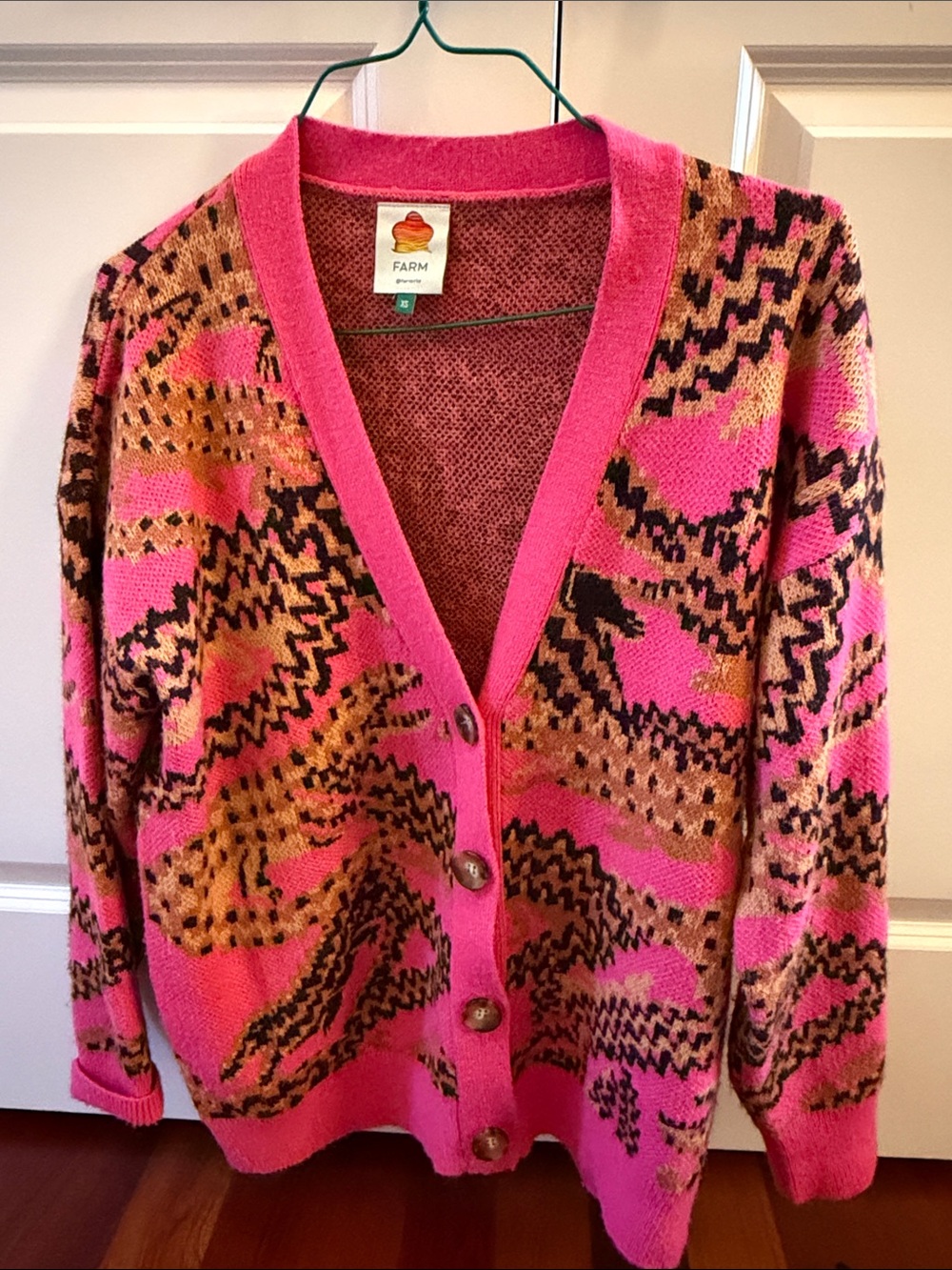 FARM Rio Pink Croco V-Neck Button Cardigan